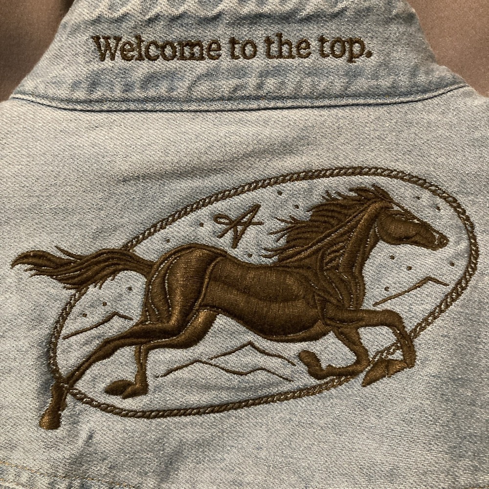 Schaefer Outfitter Denim Pearl Snap Shirt Blue Mens L Rare Horse Embroidered!